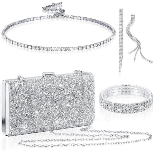 Handbags - Kigeli 4 Pieces Women Rhinestone Evening Clutch Bag Bling Earring Necklace